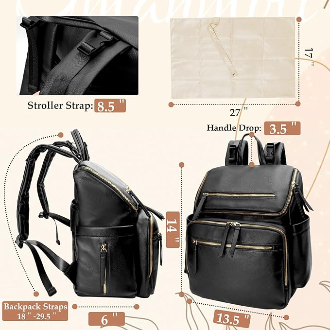 Diaper Bag Backpack Baby Diaper Bag Leather with 17 Diaper Bag Organizing Pouches,Changing Pad,Stroller Straps,4 Insulated Pockets,Black