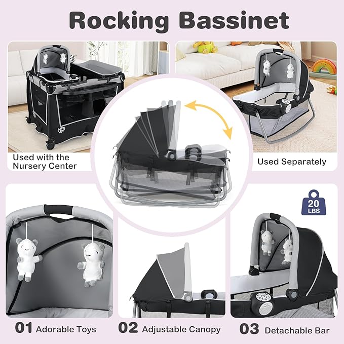 BABY JOY 5 in 1 Pack and Play, Portable Nursery Center Baby Playard w/Bassinet & Diaper Changing Table, Infant Bassinet Activity Center with Toys, Music, Oxford Bag for Toddlers (Space Grey, Classic)