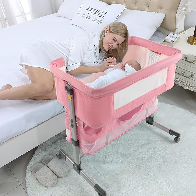 3 in 1 Travel Baby Crib,Baby Bed with Breathable Net,Adjustable Portable Bed for Infant/Baby with Detachable Mosquito net and Mattress,Pink