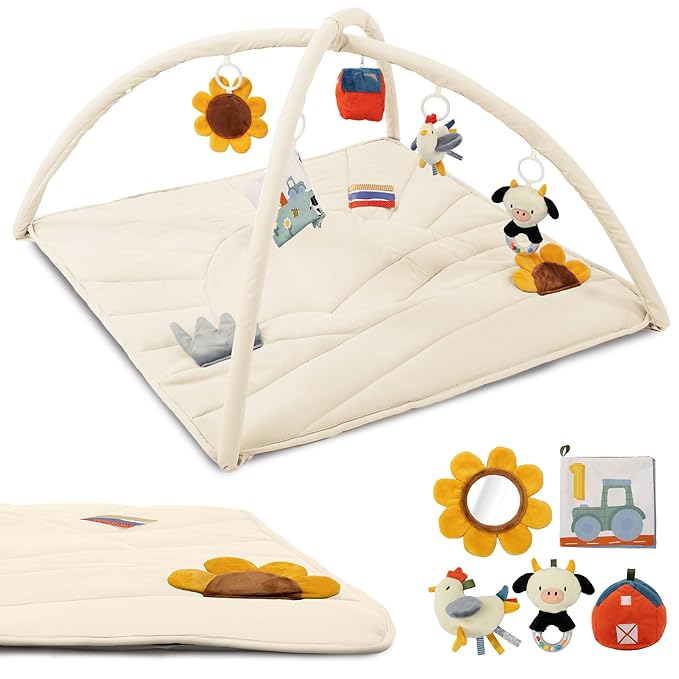 Beautiful Baby Play Gym and Tummy Time Mat - Soft Mat with 5 Farm Toys Creates The Perfect Activity Area for Your Girl/Boy - Stylish Infant Floor Playmat Fits Nicely with Any Playroom Decor