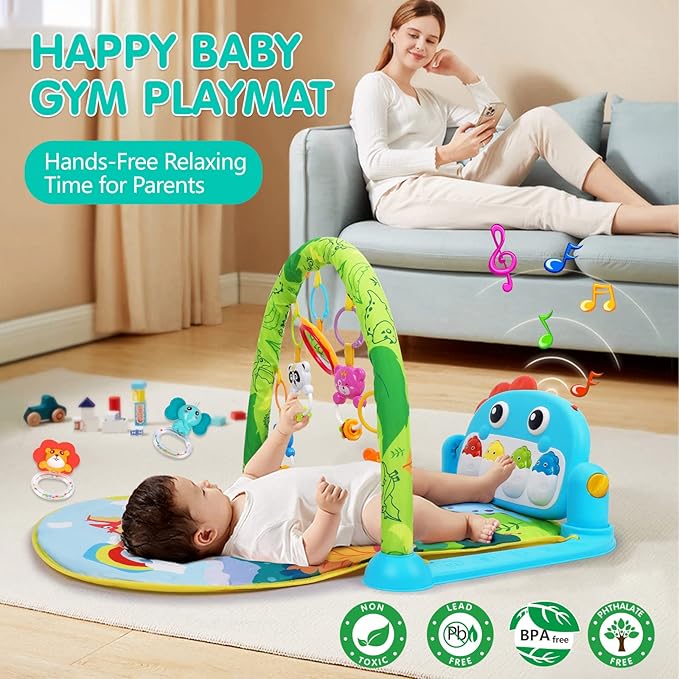 Baby Play Mat Baby Toys Tummy Time Mat Toys Musical Activity Center for Infant Toy with High-Contrast Piano Music & Light Newborn Babies Gifts for Boy Girl Babies Toy 0-6 6-12 Months Dinosaur Style