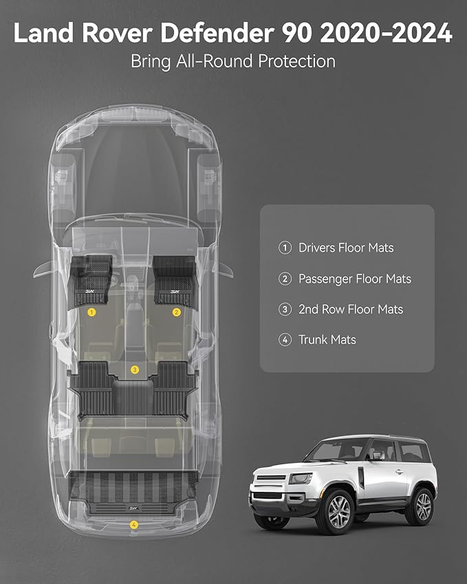 3W Floor mats & Cargo Liner for Land Rover Defender 90 2020-2024 2025(3PCS),TPE All Weather Custom Fit Floor Liner,Black