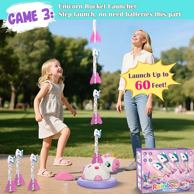 Outdoor Toys for Kids, 3 in 1 Rocket Launcher, Musical Jumping & Ring Toss Games with Remote Control, Unicorn Toys for Girls, Outdoor Play Games for Toddlers 3-5 4-8 Birthday Gift Party (Multicolored)