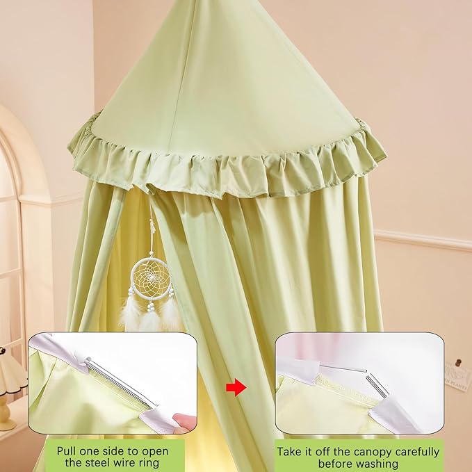 Akiky Kids Bed Canopy for Crib & Twin Size with Ruffles Dreamcatcher, Boys Princess Girls Nursery Room Decor Toddler Baby Dome Round Hanging Tent Curtains Skirt Over Bed Reading Nook Play Tents Green