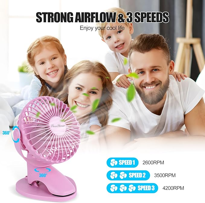 Portable Clip Fan Battery Operated,3 Speeds USB Rechargeable Mini Table Fan with Strong Airflow,360°Rotation Ultra Quiet Personal Desk Fan for Home Office Bedroom Dorm Stroller Camping- Pink
