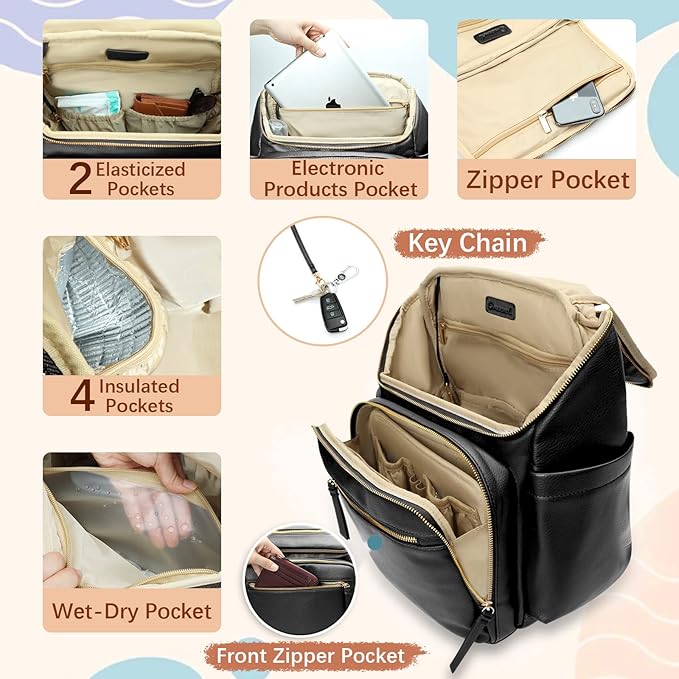 Diaper Bag Backpack Baby Diaper Bag Leather with 17 Diaper Bag Organizing Pouches,Changing Pad,Stroller Straps,4 Insulated Pockets,Black