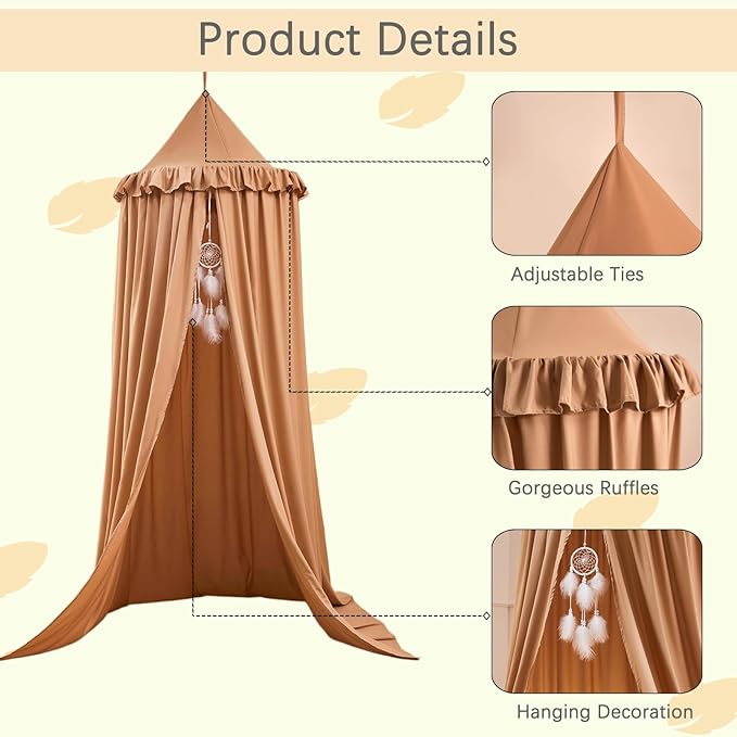 Akiky Kids Bed Canopy for Crib & Twin Size with Ruffles Dreamcatcher, Boys Princess Girls Nursery Room Decor Toddler Baby Dome Round Hanging Tent Curtains Skirt Over Bed Reading Nook Play Nougat