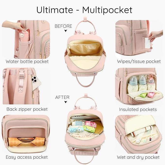 Diaper Bag Backpack - Large Multi functional, Boys, Girls & Baby Travel Essentials Tote with Changing Pad, Insulated Pockets, Stroller Straps, Waterproof - Baby Backpack for Mom & Maternity (Pink)