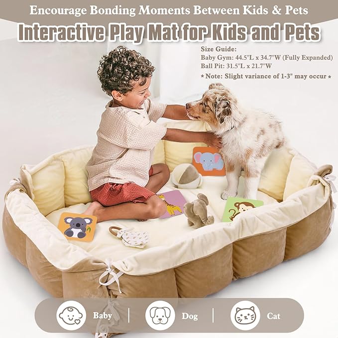 5-in-1 Plush Baby Play Gym, Baby Play Mats, Convertible Baby Gym with Pillow, Tummy time mat, Baby&Ped Bed, 6 Sensory Toys, Baby Activity Center from Newborn to Toddler, Ball Pit, Rectangular Cream