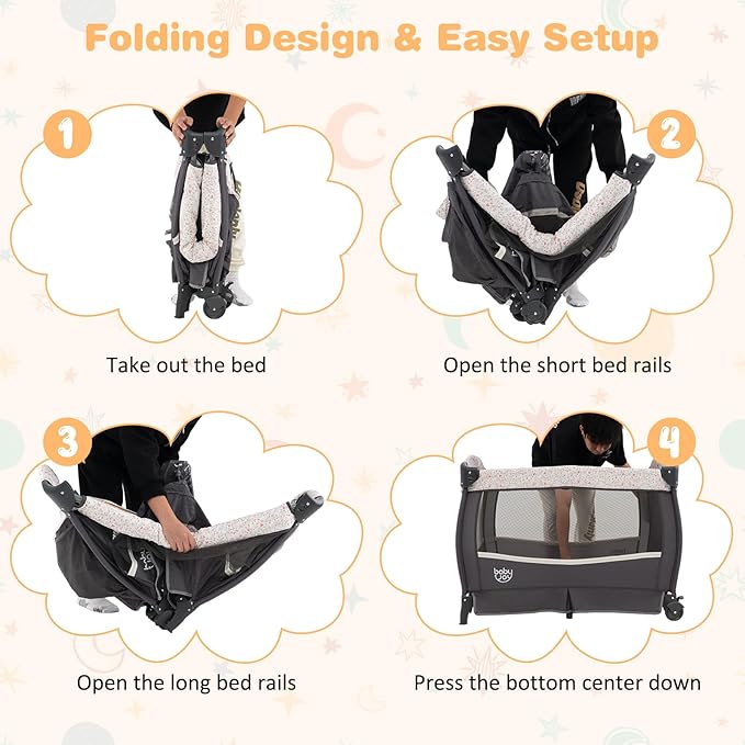 BABY JOY 4 in 1 Pack and Play, Portable Baby Playard with Bassinet & Flip-away Changing Table, Canopy, Infant Bassinet Activity Center with Storage Basket, Oxford Bag from Newborn to Toddlers (Floral)