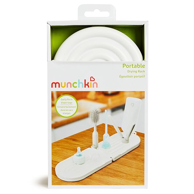 Munchkin® Travel Baby Bottle Drying Rack with Silicone Bottle Brush - Compact and Foldable, Fits Easily in Diaper Bags for On-The-Go Use