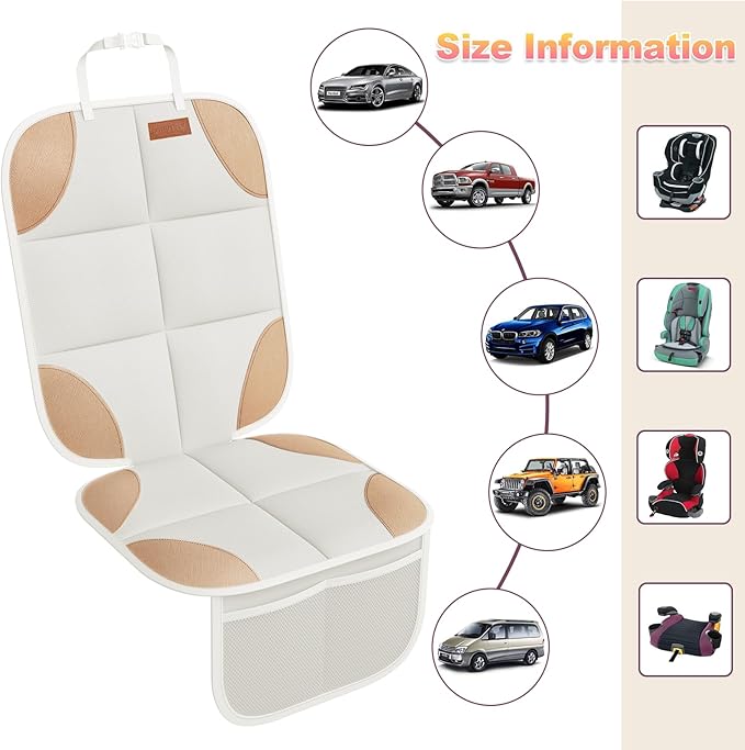 SMART ELF Car Seat Protector, 2Pack Seat Protector Protect Child Seats with Thickest Padding and Non-Slip Backing Mesh Pockets for Baby and Pet,Sedan SUV Truck (Beige Brown)