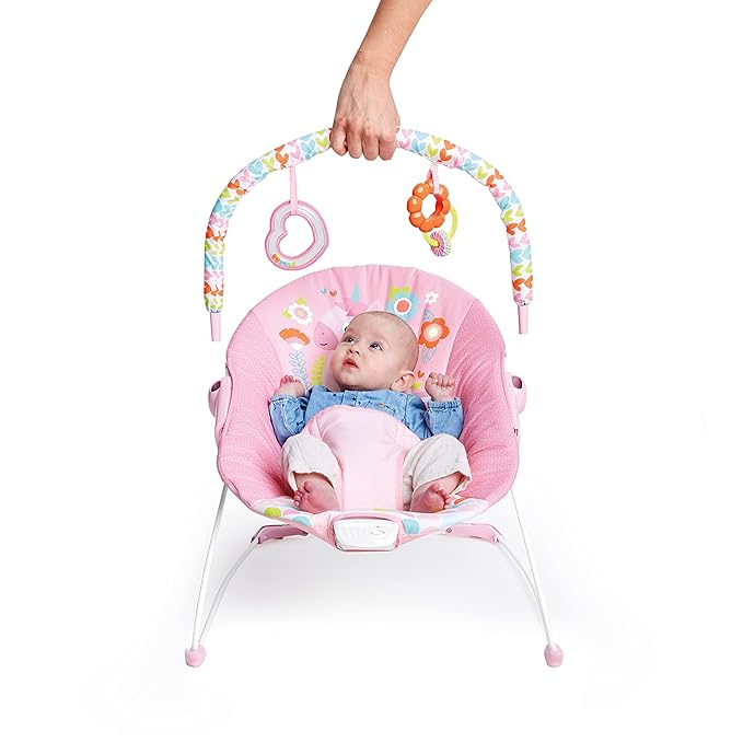 Bright Starts Baby Bouncer Soothing Vibrations Infant Seat - Removable -Toy Bar, Nonslip Feet, 0-6 Months Up to 20 lbs (Fancy Fantasy, Pink Unicorn)