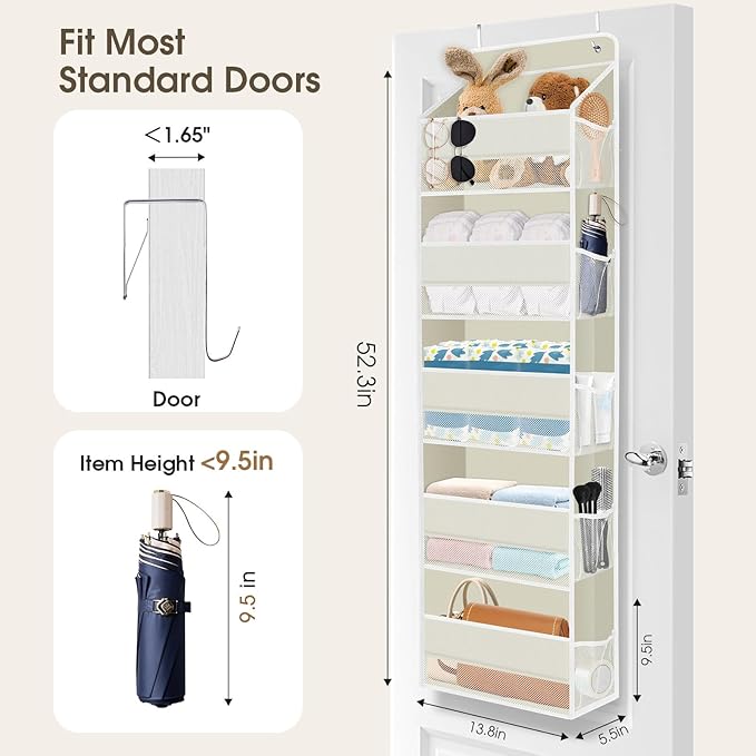 2 Pack Over The Door Organizer, Hanging Storage Organizer with Clear Window, 40lb Ultra Sturdy Large Capacity Room Organizer for Pantry Laundry Bathroom Nursery Closet (Beige)