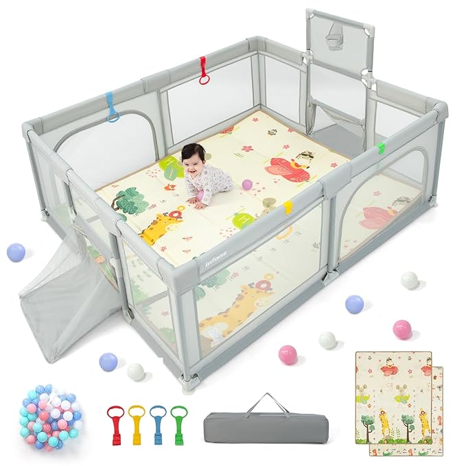 INFANS Baby Playpen, 74” x 62” Extra Large Play Yard for Babies and Toddlers with Crawling Mat Ocean Balls Basketball Hoop 2 Football Gates Indoor Outdoor Activity Center (Light Gray)