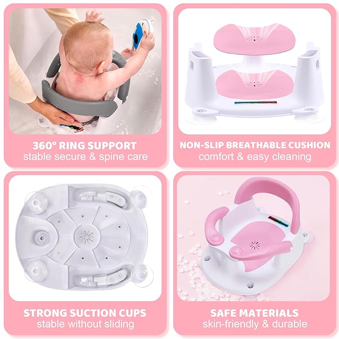 Baby Bath Seat for Babies 6 Months & Up Sitting Up,Infant Bath Seat with Temperature Alert+Open Backrest+on/Off Armrest,Toddler Bath seat Baby Bath Chair for Bathtub,Tub,Sink Pink