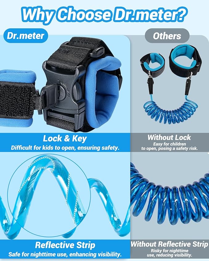 Toddler Leash, 2 Pack Safety Anti Lost Wrist Link with Key Lock, Reflective Child Walking Harness, 8.2ft Blue + 4.92ft Orange Kids Leash for Supermarket Mall Airport Amusement Park Zoo Travel