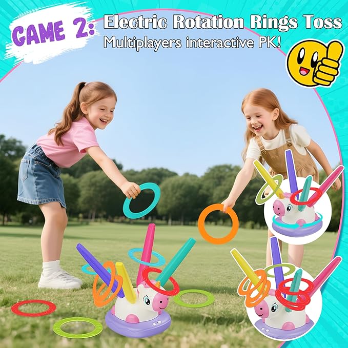 Outdoor Toys for Kids, 3 in 1 Rocket Launcher, Musical Jumping & Ring Toss Games with Remote Control, Unicorn Toys for Girls, Outdoor Play Games for Toddlers 3-5 4-8 Birthday Gift Party (Multicolored)