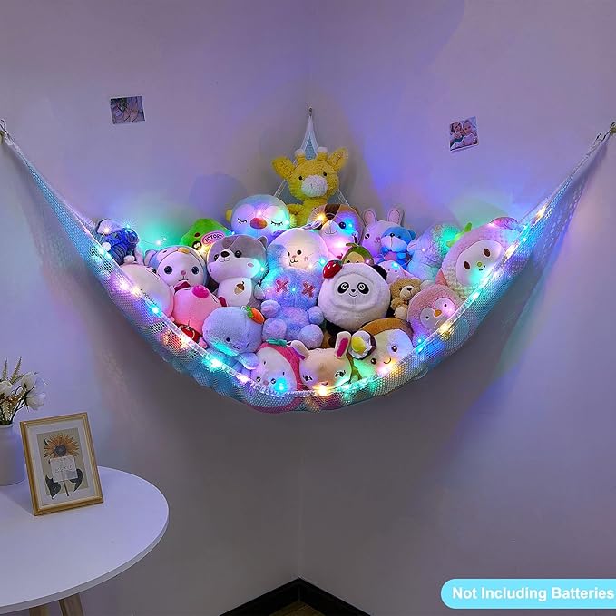 Unicorn Castle Stuffed Animals Net or Hammock Kids Toy Storage Organizer with LED Light Hanging Corner Stuffed Animals Holder Kids Girls Room Decor (Pack of 1)