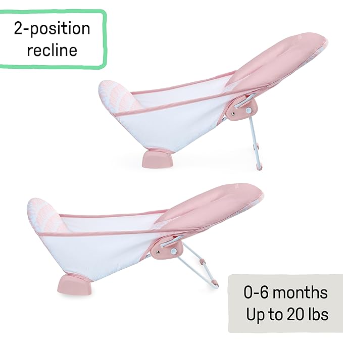 Ingenuity Foldaway 2-Position Bather, 2-Position Adjustable Support Baby Bath seat for Sink or Bathtub, Ages 0-6 Months, up to 20 pounds, Pink