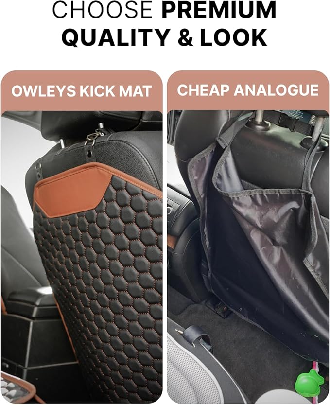 Owleys Premium Leather Car Seat Protector for Back Seat - Back Seat Cover for Kids - Car Kick Mat Back of Seat Protector for Kids Feet Car Seat Back Protector - 2 Pcs Hexy