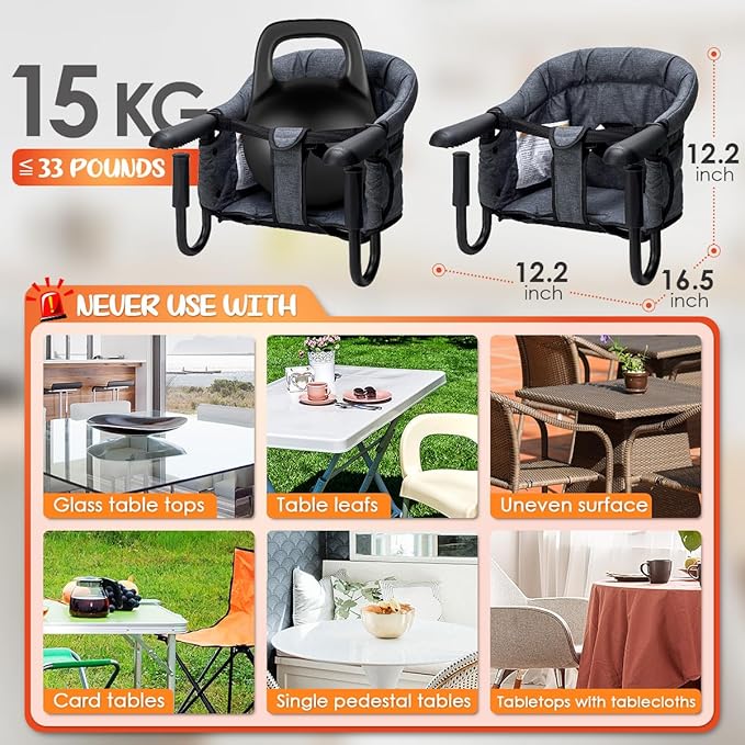 Hook On Chair with Removable Dining Tray,Portable Hook-On Chairs with Storage Bag,for Home and Travel(Grey)