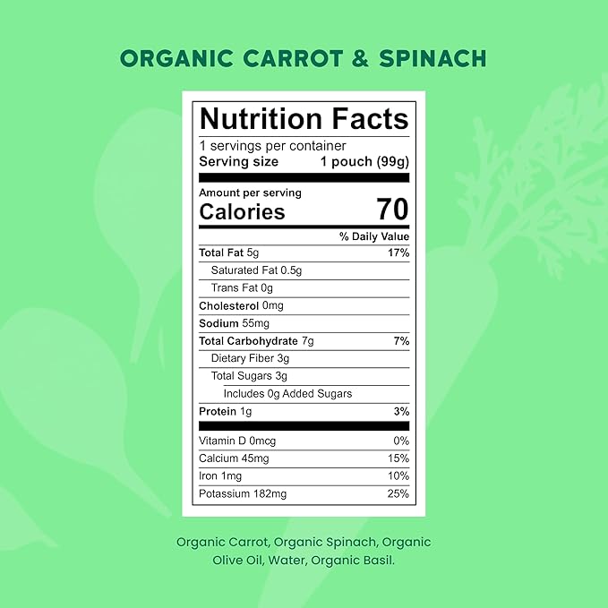 Serenity Kids 6+ Month Organic Veggie Puree Baby Snacks Pouches - Carrot, Spinach & Basil - No Sugar Added, BPA Free & Allergen Free Baby Puree Pouches - 3.5 Oz, 6 Pack