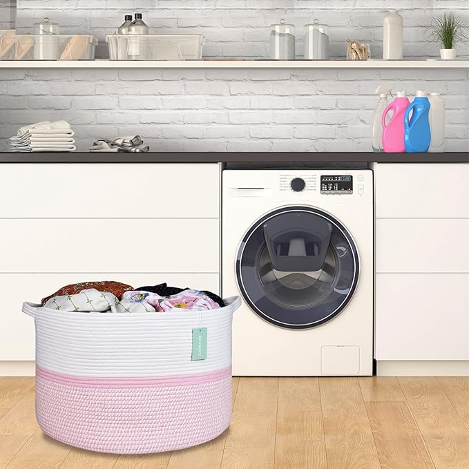 Extra Large Cotton Rope Basket For Girls Kids 87L, Nursery Hamper, Large Laundry Basket , Nursery Bin, Laundry Hamper Organizer for Storage Toys Blankets Clothes, 22”x 14”, Blend White & Pink