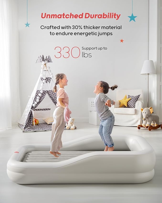 QPAU Inflatable Toddler Travel Bed with 3-Sided Safety Bumpers, Extra Large Kids Air Mattress, Includes Detachable Mattress, Portable for Camping, Travel, Home Use (Grey)