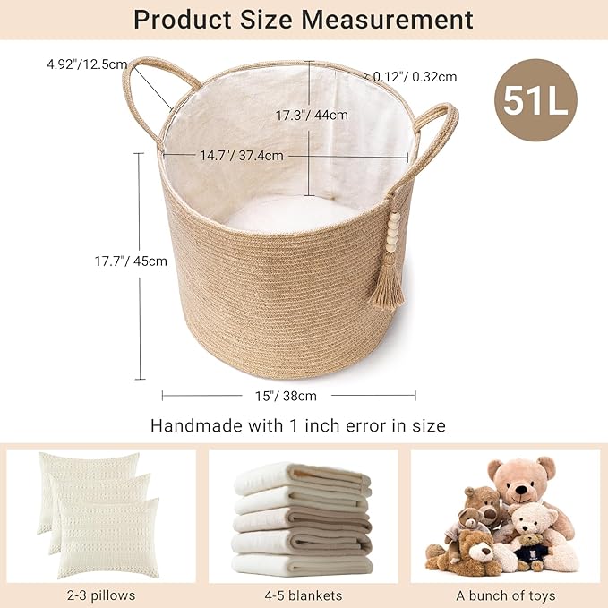 Mkono Tall Wicker Laundry Basket Woven Storage Basket Decorative Natural Rope Basket Wooden Bead Decoration for Blankets,Toys,Clothes,Shoes,Plant Organizer Bin with Handles Living Room 15" Wx17.7 L