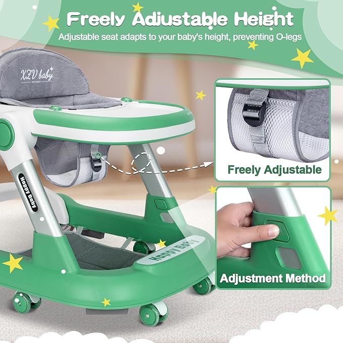 Baby Walker with Wheels 5 in 1 Foldable Activity Center with Mute Wheels Adjustable Heights Anti-Fall Push Walkers for Boys Girls Safe Infant Toddler Walker with Footrest for 6-24 Months