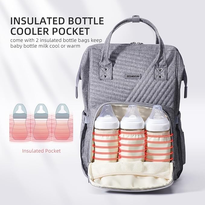 SUNVENO Diaper Bag Backpack Large Capacity Baby-Bag with Changing Pad & Stroller Clips Diaper-Backpack Travel Essentials Nappy Bag Organizer for Baby Care with USB Charging Port, Grey