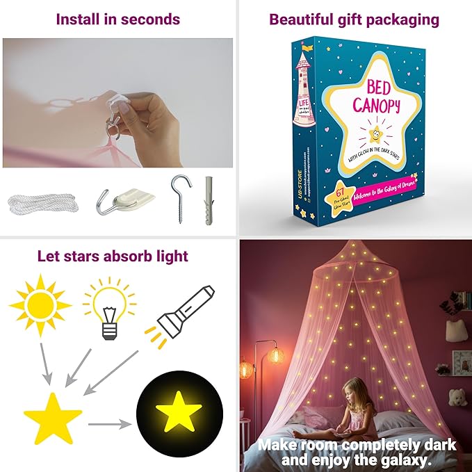 Pink Canopy for Girls Bed with Pre-Glued Glow in The Dark Stars - Princess Mosquito Net Room Decor - Kids & Baby Bedroom Tent with Galaxy Lights - 1 Opening Canopy Bed & Hanging Kit Included