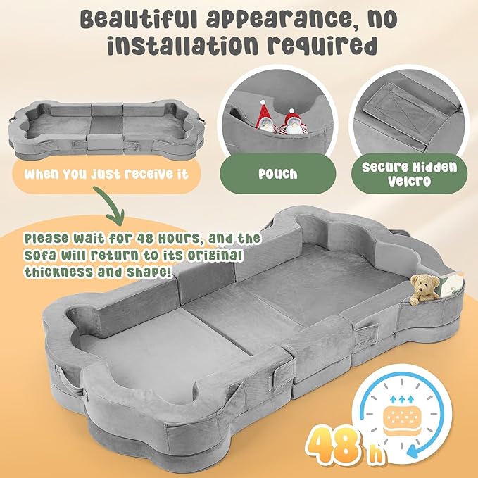 Foldable Portable Toddler Travel Bed,Toddler Floor Bed with Washable Cover for Kids,Soft and Safe (Grey)