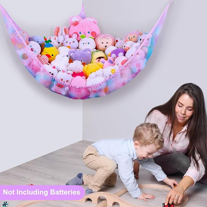 Unicorn Castle Stuffed Animals Net or Hammock Kids Toy Storage Organizer with LED Light Hanging Corner Stuffed Animals Holder Kids Girls Room Decor (Pack of 1)