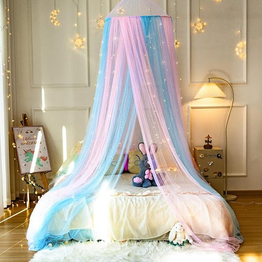 Princess Pink Blue Bed Canopy with Warm Fairy Lights for Girls Bed Net,Princess Canopy for Kids Bed Room Decor (Pink Blue+Lights)