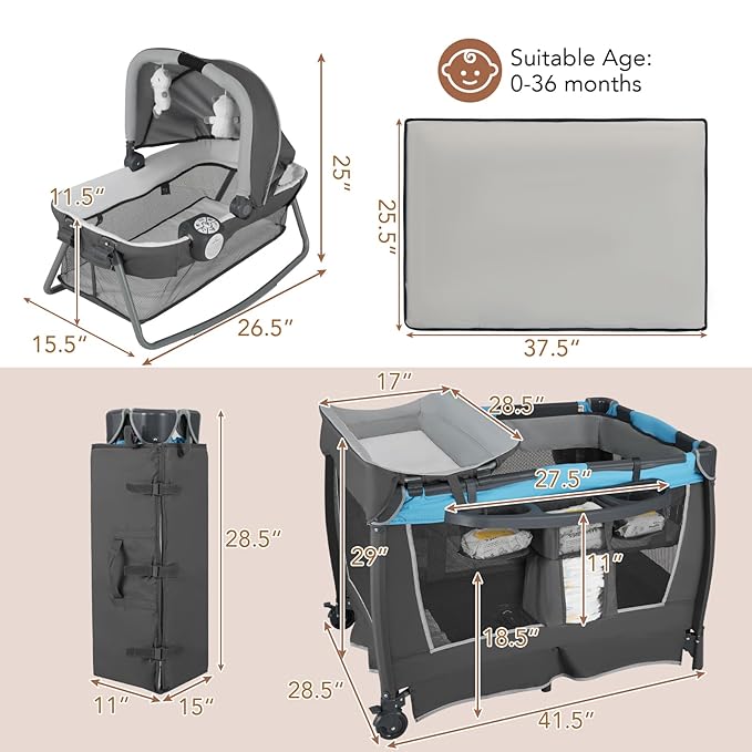 HONEY JOY Pack and Play, 5 in 1 Portable Infant Playpen with Bassinet & Changing Table, Storage Bag, Music Box, Toys, Carry Bag, Nursery Center, Baby Playard Pack n Play Crib for Boys Girls