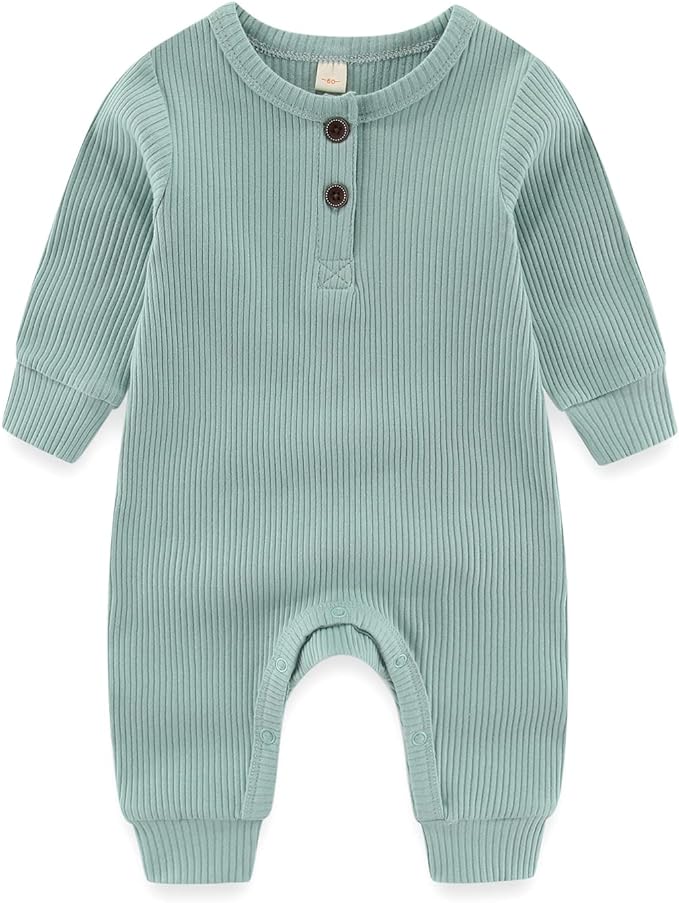 Newborn Baby Boys Girls One Piece Romper With Mitten Cuffs 3 Pack Long Sleeve Ribbed Button Jumpsuit Outfit Clothes