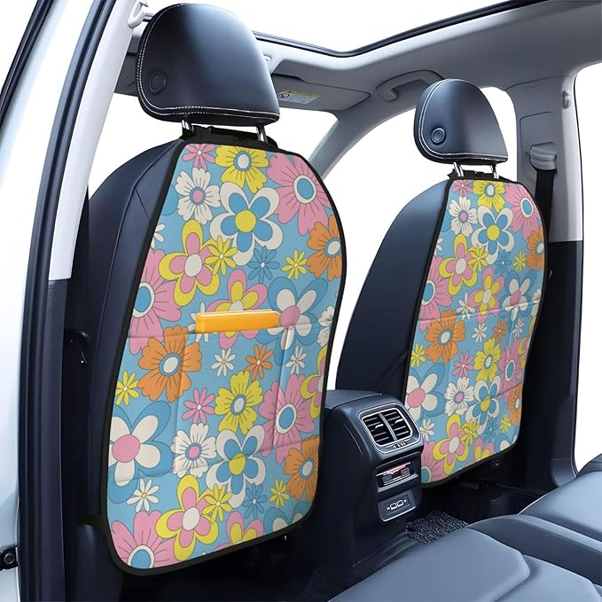 Retro Flowers Car Kick Mats Back Seat Protector 2 Pack Auto Seat Back Covers with 3 Organizer Travel Accessories Universal Vehicle Interior from Dirt, Mud