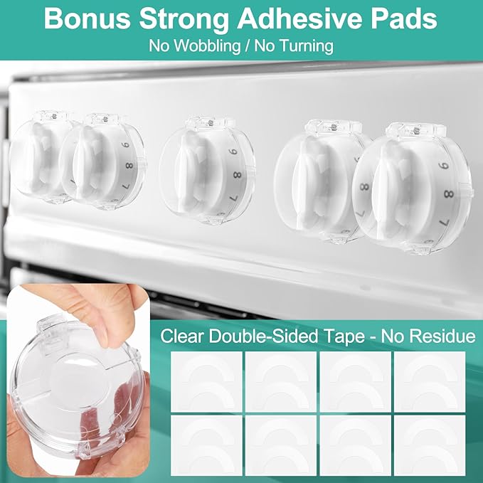 GRENFU Stove Knob Safety Covers (5 + 1 Pack) - Double-Key, Universal Size Gas Stove Knob Locks with Strong Double-Sided Tape, Heat-Resistant Oven Knob Covers for Child Safety/Pet Safety, Clear View