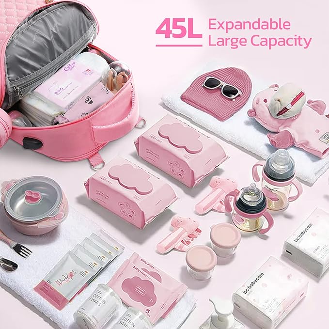 Maelstrom Large Diaper Bag,29L-45L Expandable Diaper Bag Backpack for 2 Kids/Twins Baby Stuff, with Removable Cross Body Bottle Bag for Mom/Dad, Stylish Baby Bag Gift for Boys/Girl-Pink