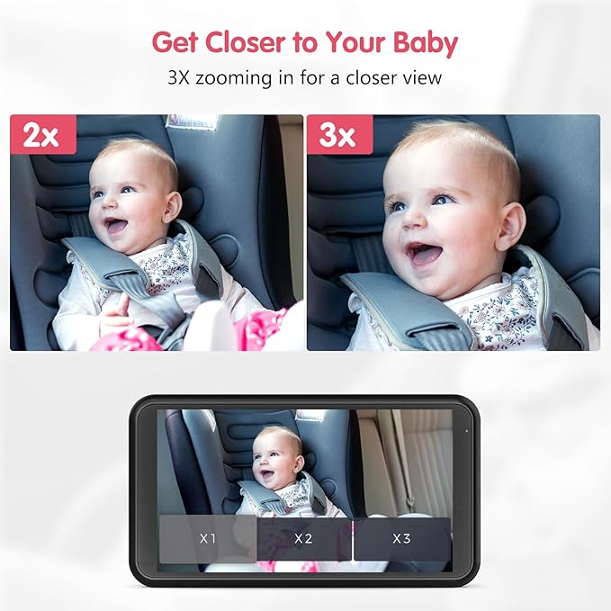 BM3 Baby Car Camera, 5.2" 1080P with Video Recording & TF Card, Back Seat Camera with 3X Zoom, 360° Rotation, Easy Installation Baby & Pet Car Monitor
