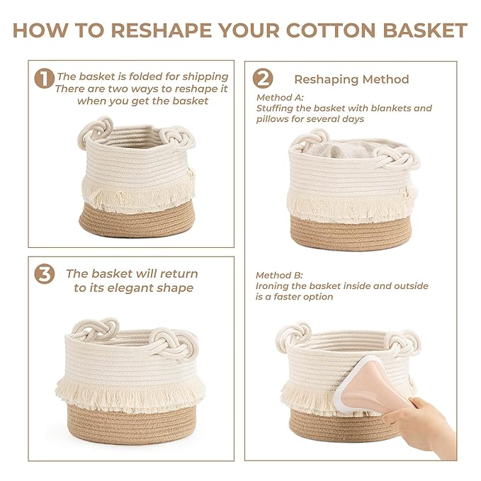 CherryNow Small Woven Storage Baskets Cotton and Jute Rope Decorative Hamper for Diaper, Blankets, Magazine and Keys, Cute Tassel Nursery Decor - Home Storage Container – 9.5'' x 7''