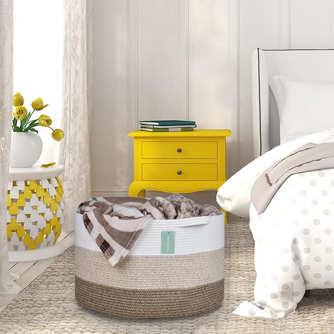 Extra Large Blanket Basket 87L, Laundry Hamper, Baby Nursery Hamper for Storage Toys Clothes Towels, Large Cotton Rope Laundry Basket for Girls Boys, 22”x 14”, White & Gradient Brown