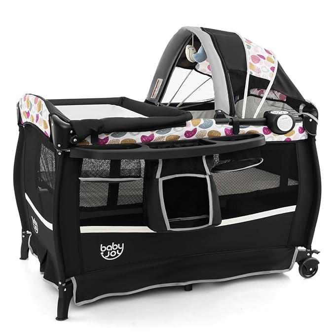 BABY JOY 4 in 1 Pack and Play, Portable Baby Playard with Bassinet & Flip-Away Changing Table, Canopy, Infant Bassinet with Storage Basket, Oxford Bag from Newborn to Toddlers (Circle)