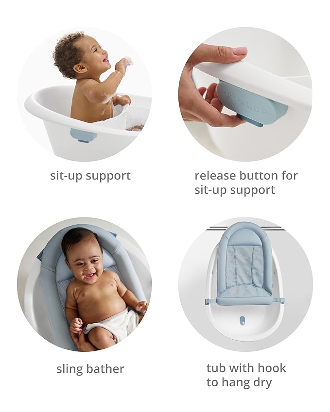 Skip Hop Baby Bath Tub 4-in-1 Grow with Baby Infant to Toddler Bathtub with Supportive Sling and Sit-Up Support Wave Age 0m+
