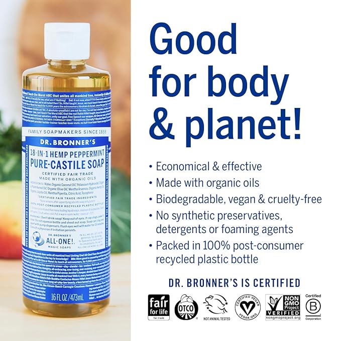 Dr. Bronner's Magic Soap-Pure-Castile Liquid Soap (Peppermint, 16 ounce, 2-Pack)-Regenerative Organic Certified Oils, 18-in-1 Uses: Body, Hair, Laundry, Pets & Dishes, Concentrated, Vegan, Non-GMO