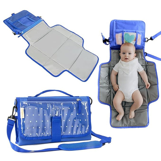 Usakinon® Portable Diaper Changing Pad for Baby – Newborn Essentials, CPC Certified, Travel Diaper Clutch & Waterproof Changing Station, Lightweight & Foldable, Touchscreen-Friendly (Blue)