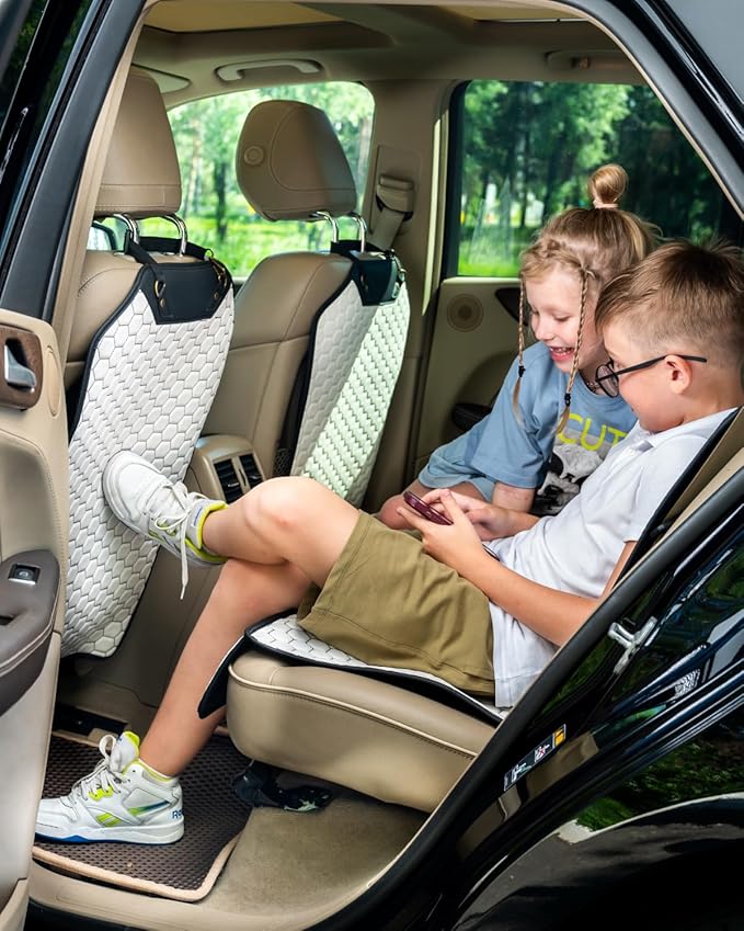 Owleys Kick Mats - Luxury Eco-Leather Back Seat Covers 27.5"x 19" - Waterproof Car Protectors for Kids Feet - Premium Gift for Family Cars SUV Sedan Truck - 2-Pack White