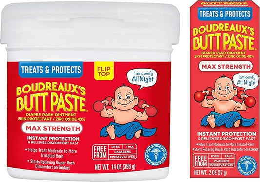 Boudreaux’s Butt Paste Max Strength Diaper Rash Cream for Baby, Ointment With Zinc Oxide, 2 oz Tube & 14 oz Jar